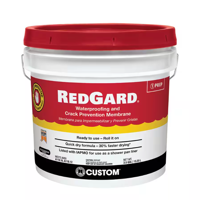 The Go Build RedGard 3-1/2 Gal. White and Red Plastic Bucket of Waterproofing and Crack Prevention Membrane features a ready-to-use, quick-dry formula ideal for tile installations and shower pan liners.